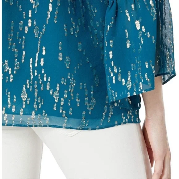 Lilly Pulitzer Matilda Top in Inky Tidal - Teal Blue Metallic Dot Peasant Blouse - Picture 4 of 6